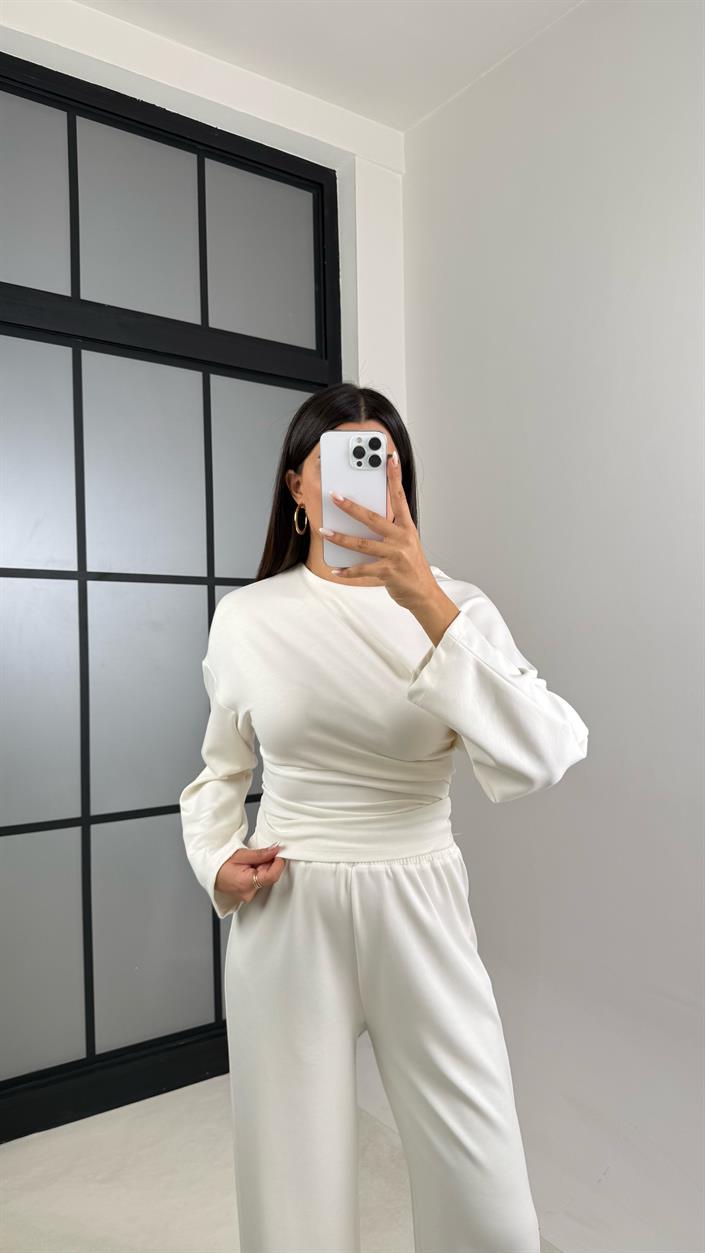 Ekru Yarasa Kol Bluz Beli Lastikli Pantolon Tasarım Modal Takım GAUS-00572