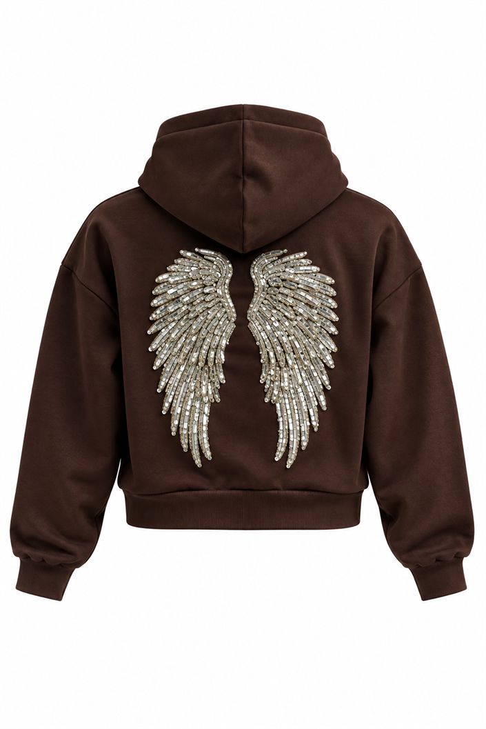 Kahve Kanat İşlemeli Kapüşonlu Sweatshirt GAUS-02052