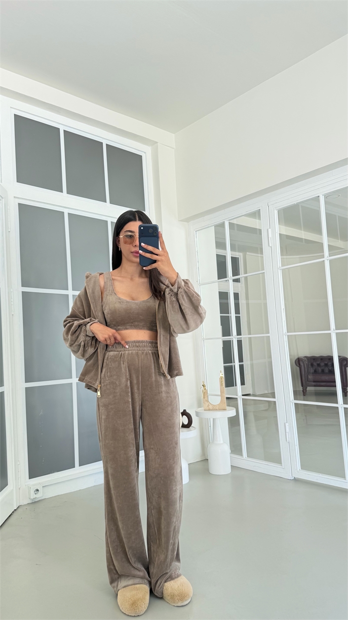 Vizon Kapüşonlu Hırka Crop Beli Lastikli Pantolon 3lü Kadife Takım GAUS-02033