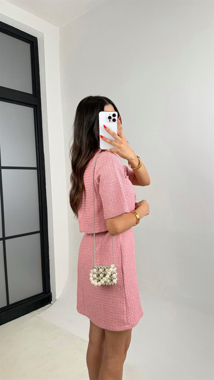 Pembe Düğme Detaylı Ceket Elbise İkili Tüvit Takım GAUS-0048