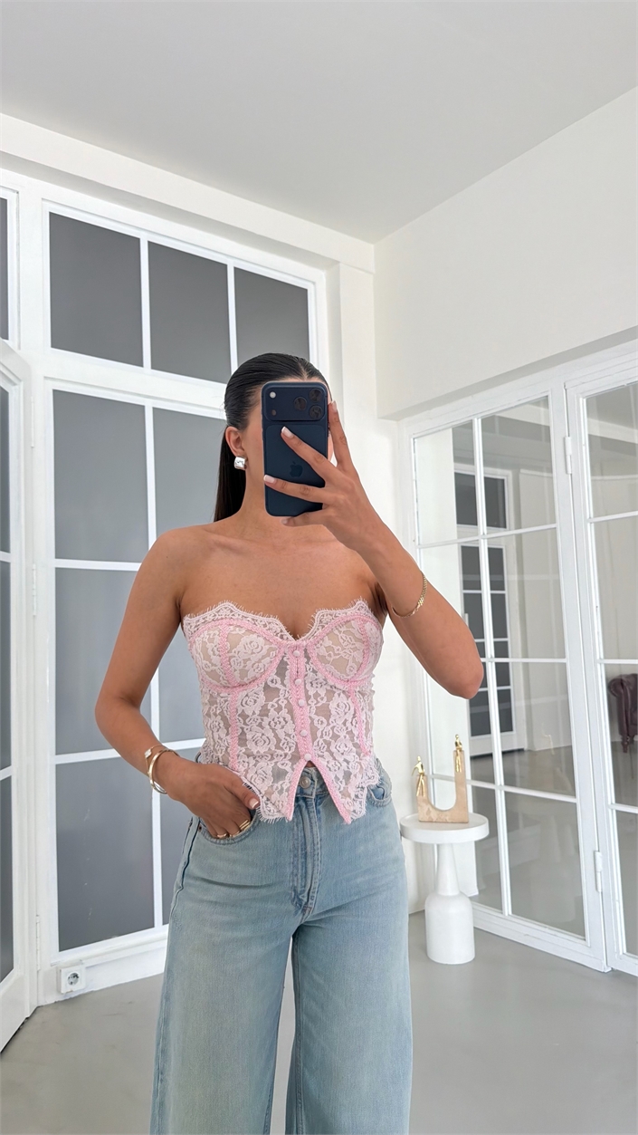 Pembe Dantelli Korse Bluz GAUS-01860
