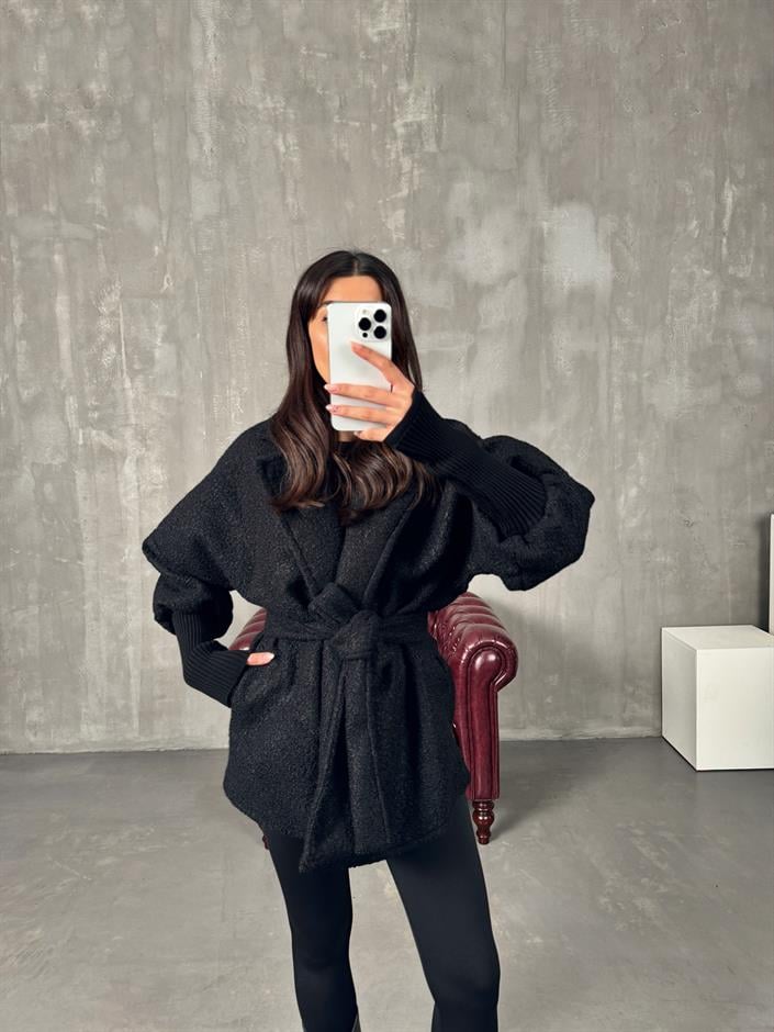 Nairo Siyah Buklet Astarlı Kuşaklı Kaban