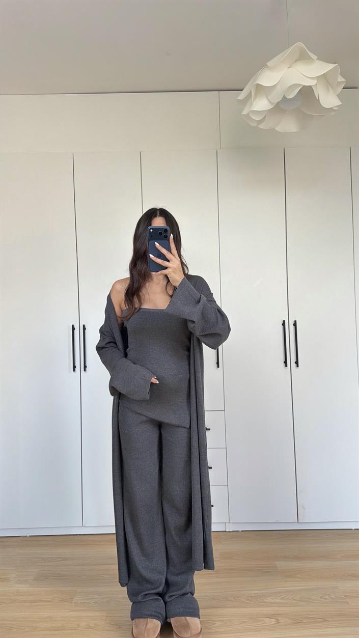 Antrasit Asimetrik Crop Hırka Beli Lastikli Pantolon 3lü Triko Takım GAUS-00588
