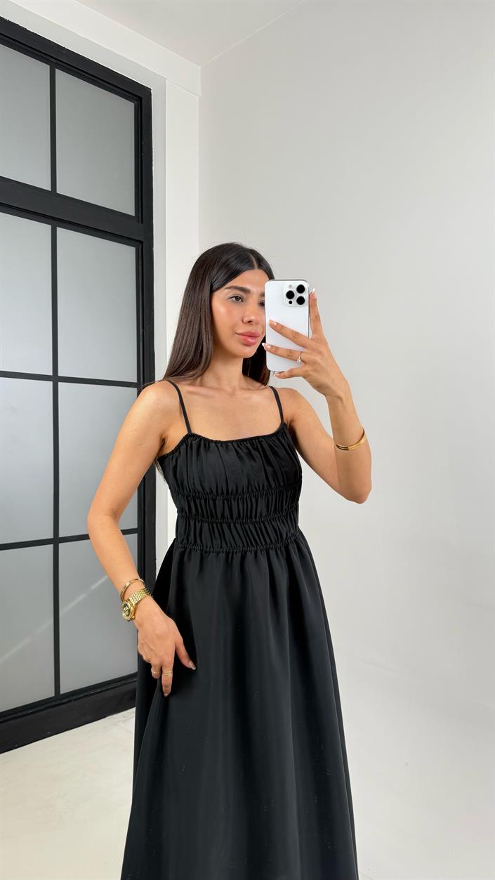Siyah Ayarlanabilir Askılı Gipeli MD Muadil Tencel Elbise Gaus00617