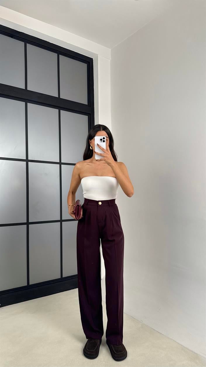 Bordo Gold Düğmeli Beli Lastikli Premium Pantolon GAUS-00141