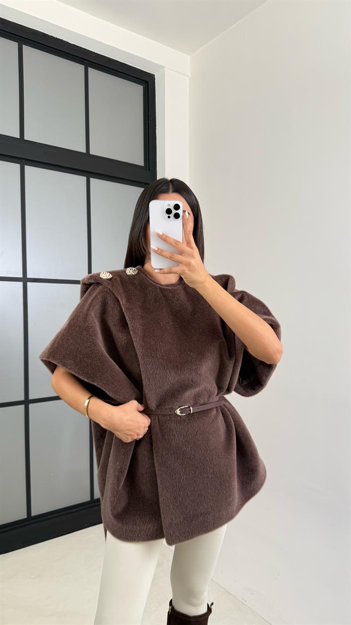 Kahve Kemerli Tasarım Kürklü Panço GAUS-00520