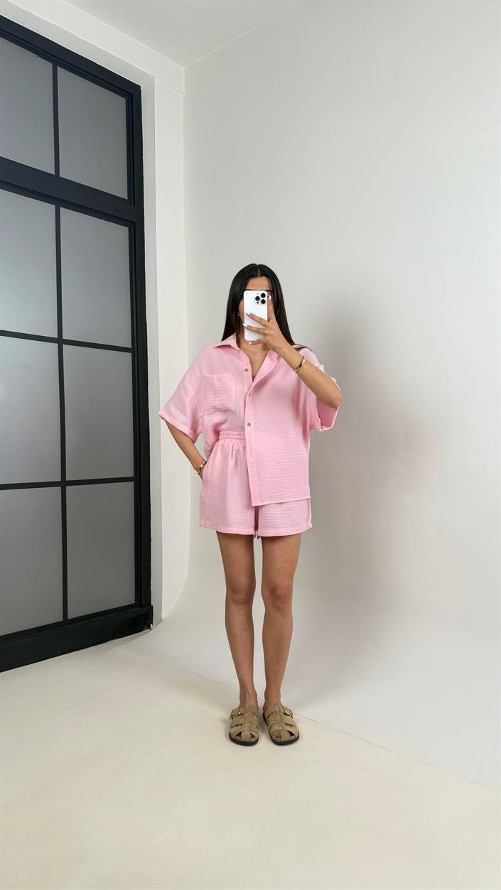 Pembe Cepli Gömlek Beli Lastikli Şort Müslin Takım Gaus00445