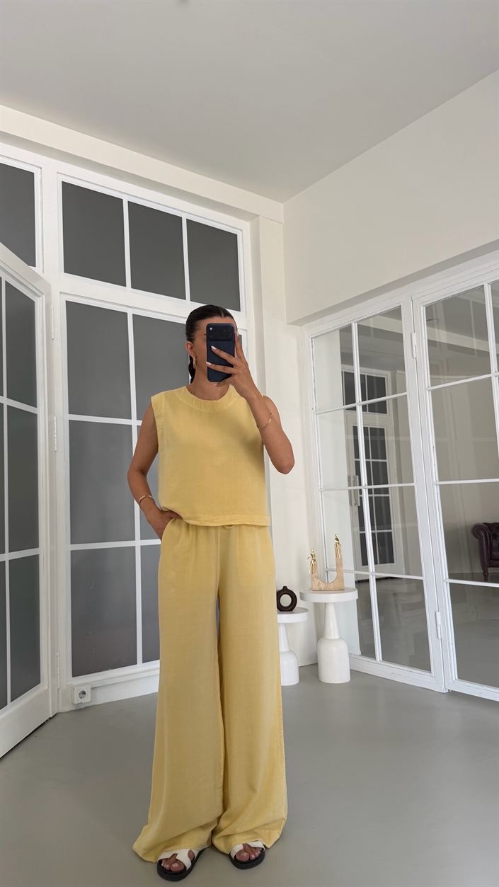 Sarı Bluz Beli Lastikli Pantolon Yıkamalı Tencel Takım GAUS-01795