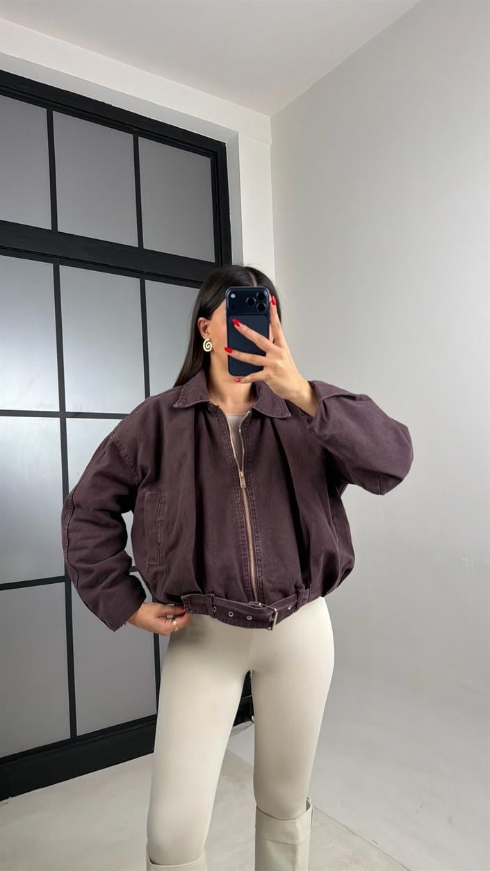 Acı Kahve İçi Kürk Detaylı Bomber Denim Ceket GAUS-01051