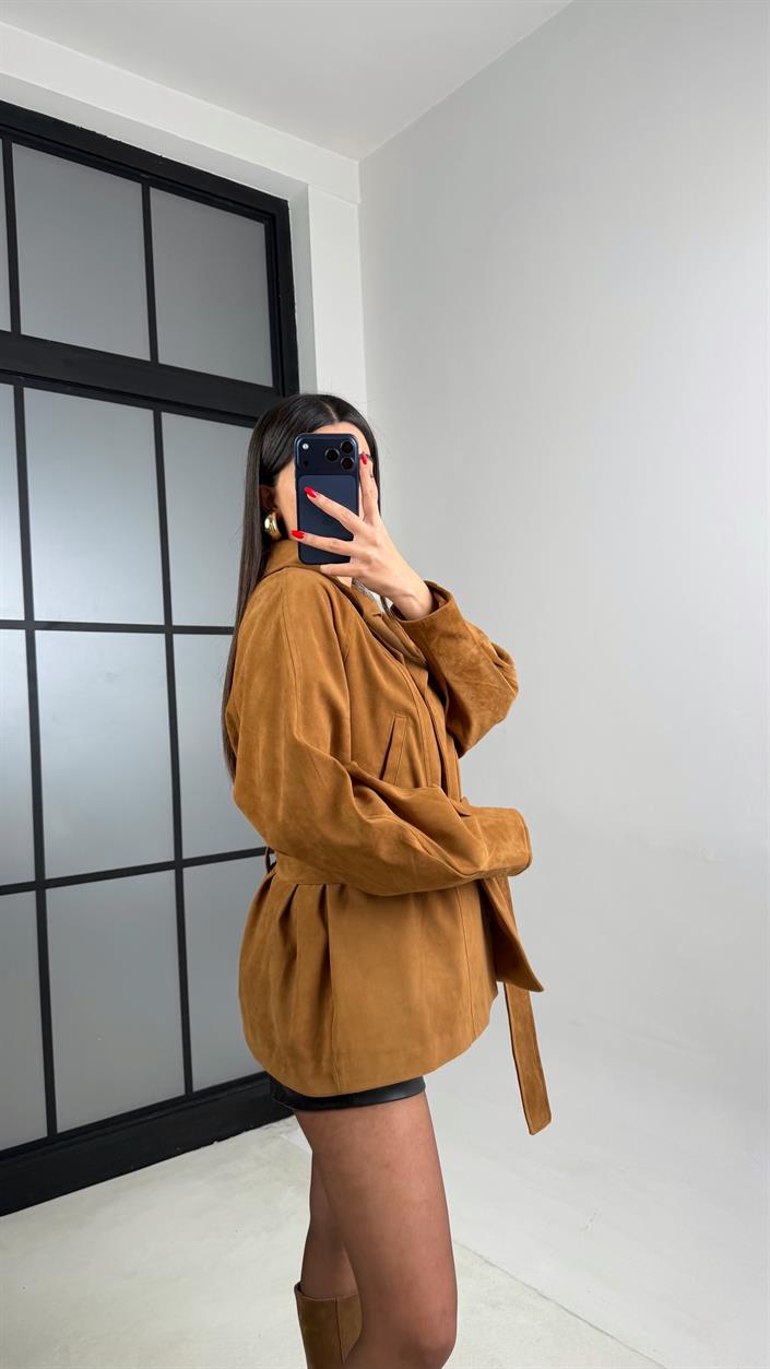 Camel Kemerli Astarlı Süet Ceket GAUS-01010