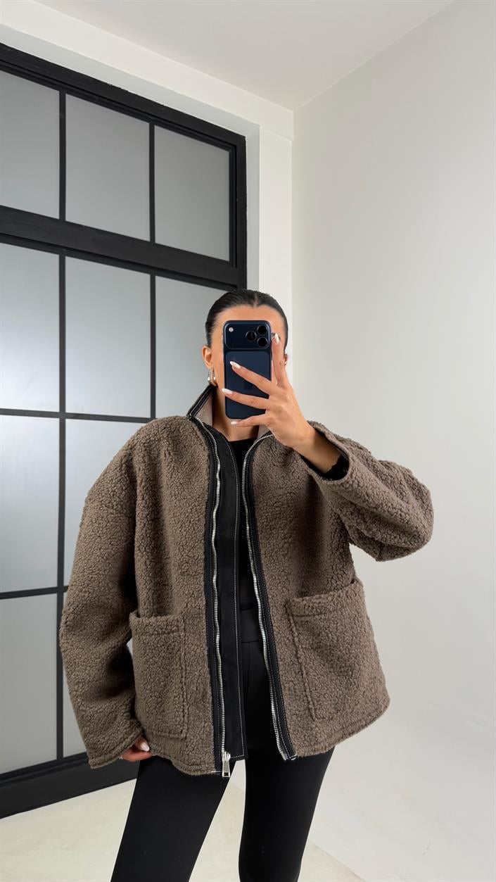 Kahve Cepli Fermuarlı Peluş Mont GAUS-00602