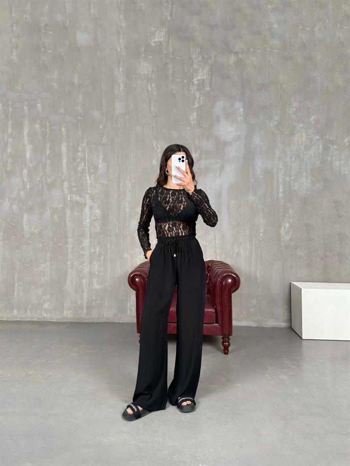 İvo Siyah Belden İpli Viskon Karışımlı Pantolon