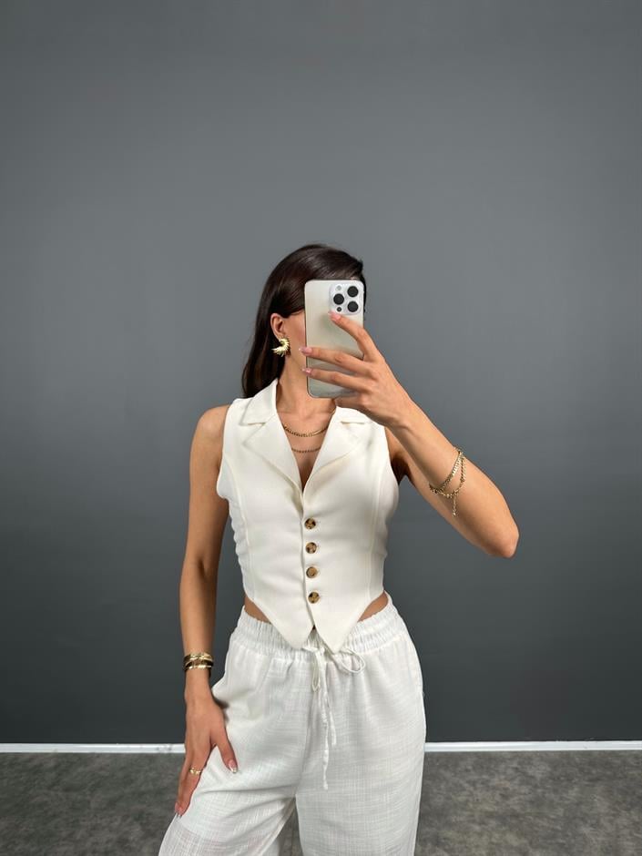 Dios Ekru ZR Model Sırt Dekolteli Astarlı Crop Yelek 