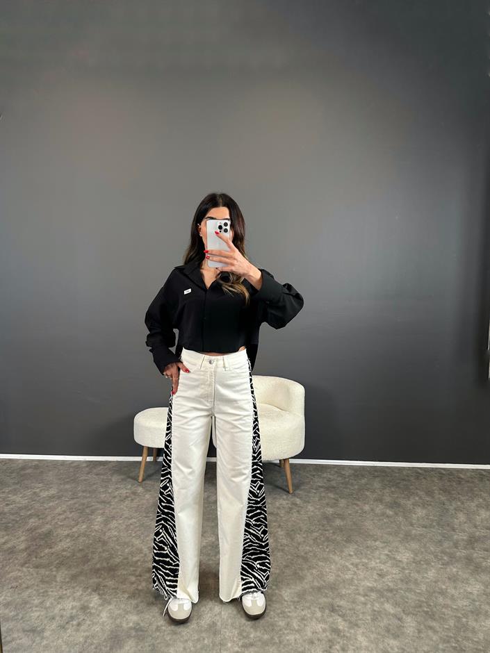 Ekru Yanları Zebra Desenli Jean 