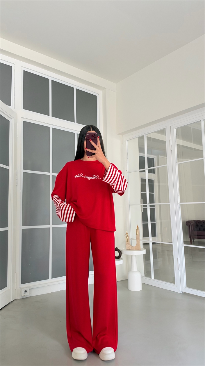 Kırmızı Kolu Şeritli Tshirt Beli Lastikli Pantolon İkili Modal Takım GAUS-02227