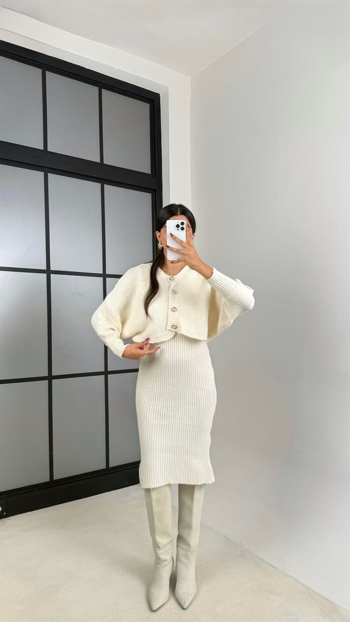 Ekru Hırka Askılı Elbise İkili Triko Takım GAUS-00185