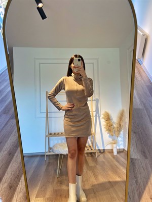 Fransız Nude Mini Kadife Elbise