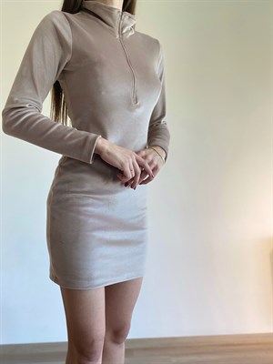 Fransız Nude Mini Kadife Elbise