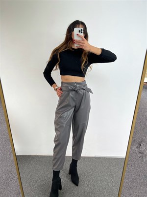 Füme Şalvar Kesim Yüksek Bel Deri Pantolon 