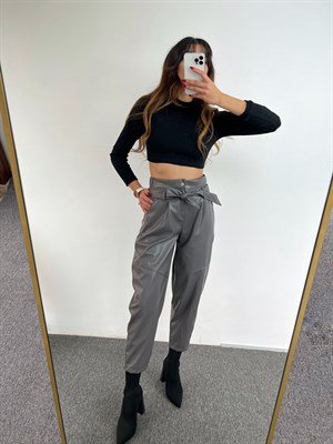 Füme Şalvar Kesim Yüksek Bel Deri Pantolon 