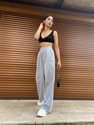 Gabardin Kumaş Mavi Örme Kemerli Pantolon