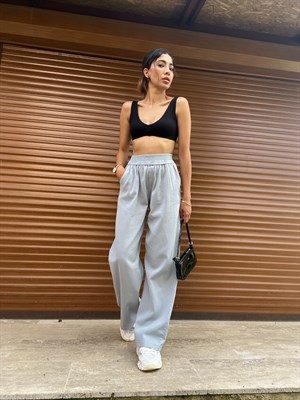 Gabardin Kumaş Mavi Örme Kemerli Pantolon