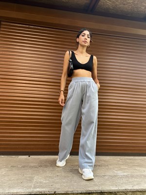 Gabardin Kumaş Mavi Örme Kemerli Pantolon