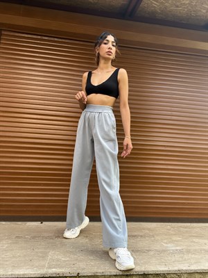 Gabardin Kumaş Mavi Örme Kemerli Pantolon