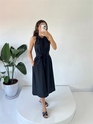 Gipsy Siyah Poplin Kemer Detaylı Midi Elbise