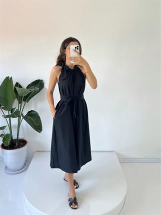 Gipsy Siyah Poplin Kemer Detaylı Midi Elbise