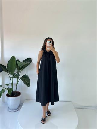 Gipsy Siyah Poplin Kemer Detaylı Midi Elbise