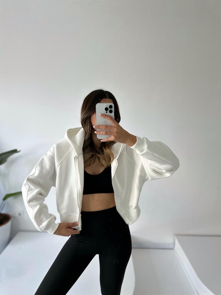 Girly Beyaz Şardonlu Fermuarlı Sweatshirt