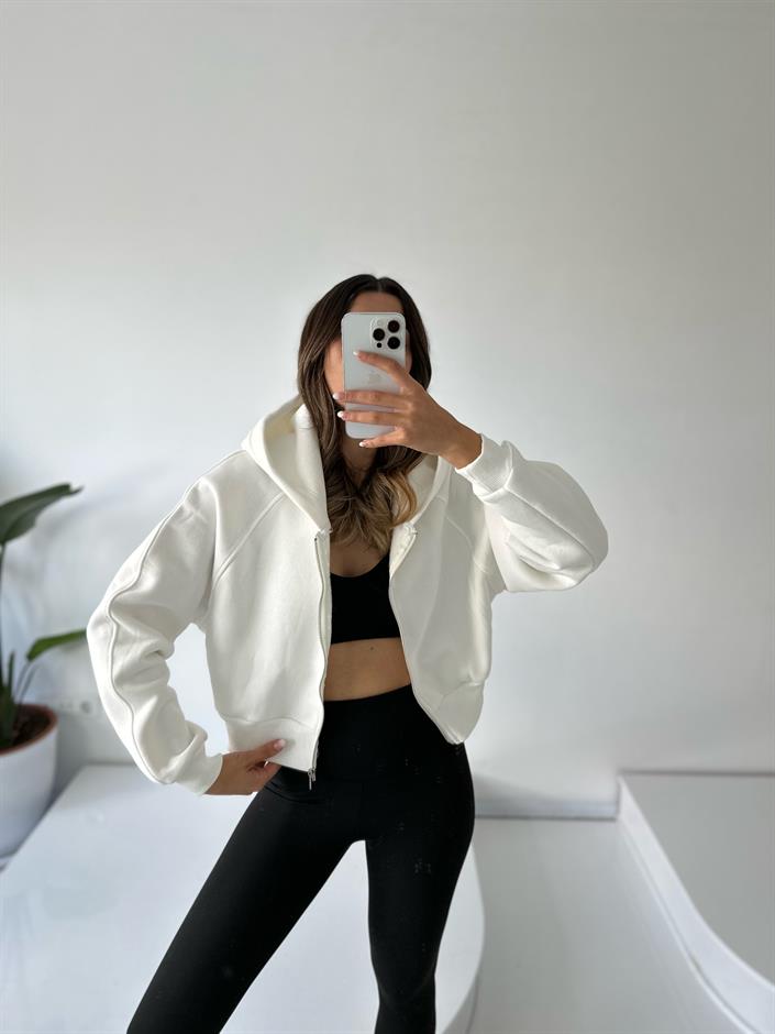 Girly Beyaz Şardonlu Fermuarlı Sweatshirt