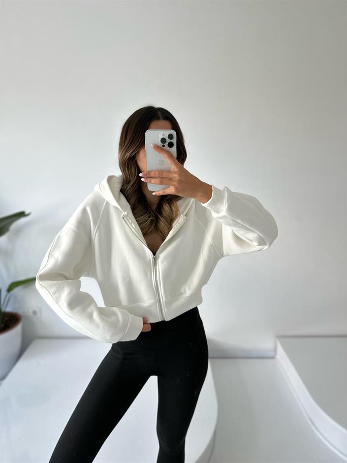 Girly Beyaz Şardonlu Fermuarlı Sweatshirt