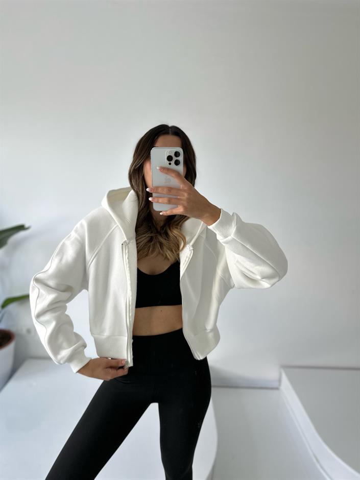 Girly Beyaz Şardonlu Fermuarlı Sweatshirt