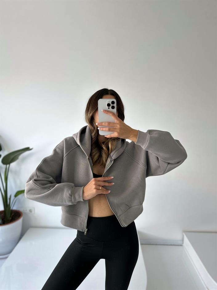 Girly Gri Şardonlu Fermuarlı Sweatshirt