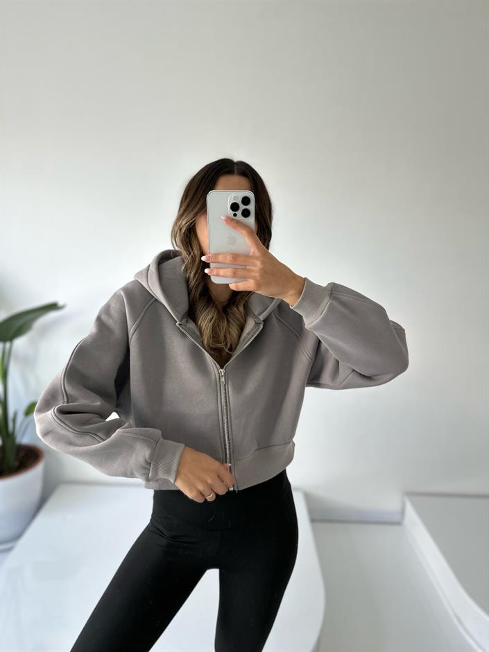 Girly Gri Şardonlu Fermuarlı Sweatshirt