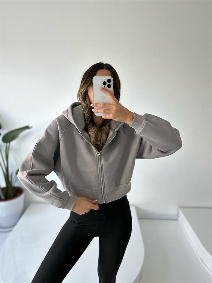 Girly Gri Şardonlu Fermuarlı Sweatshirt