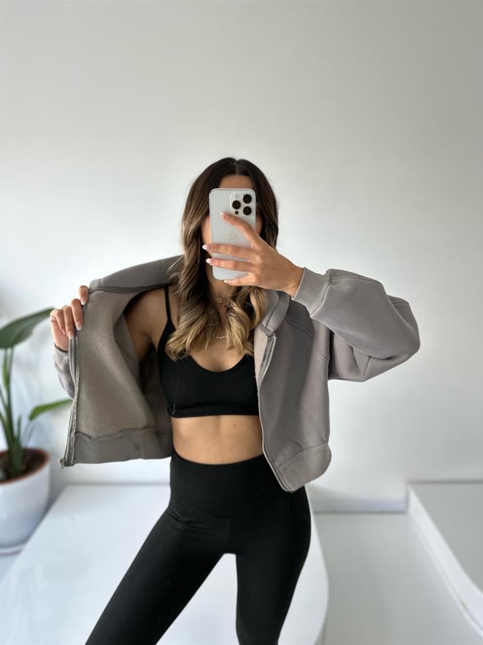 Girly Gri Şardonlu Fermuarlı Sweatshirt
