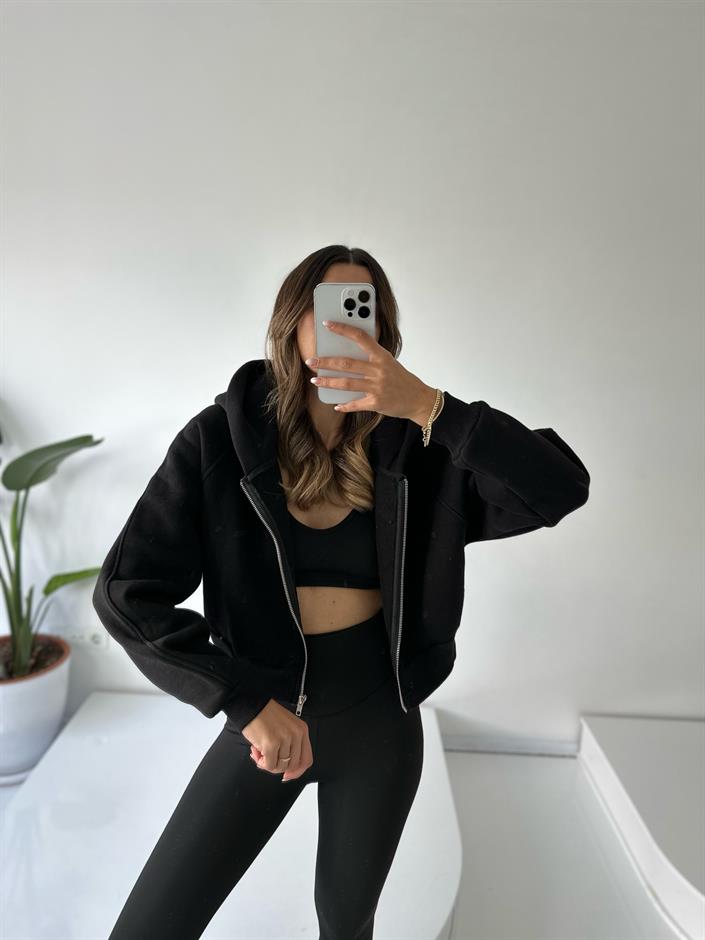Girly Siyah Şardonlu Fermuarlı Sweatshirt