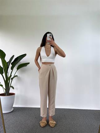 Goes Keten Bej Yandan Düğmeli Pantolon 