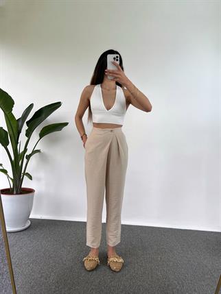 Goes Keten Bej Yandan Düğmeli Pantolon 
