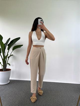 Goes Keten Bej Yandan Düğmeli Pantolon 