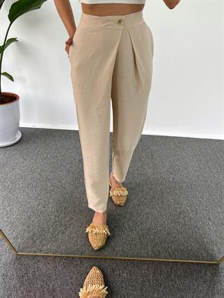 Goes Keten Bej Yandan Düğmeli Pantolon 