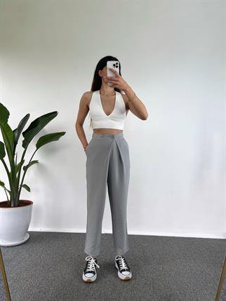 Goes Keten Gri Yandan Düğmeli Pantolon