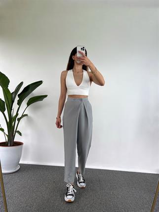 Goes Keten Gri Yandan Düğmeli Pantolon