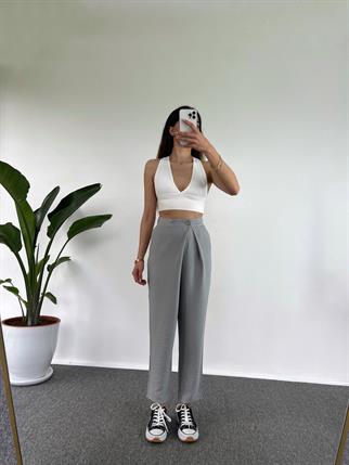 Goes Keten Gri Yandan Düğmeli Pantolon