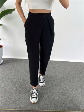 Goes Keten Siyah Yandan Düğmeli Pantolon