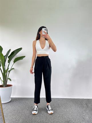 Goes Keten Siyah Yandan Düğmeli Pantolon