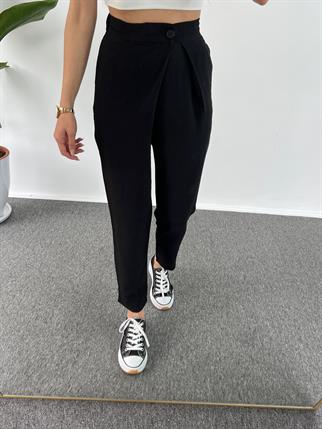 Goes Keten Siyah Yandan Düğmeli Pantolon